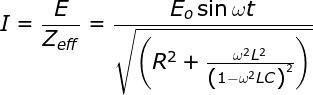 \bg_white \fn_jvn \large I = \frac{E}{{{Z_{eff}}}} = \frac{{{E_o}\sin \omega t}}{\sqrt{\left ( {{R^2}+\frac{\omega ^{2}L^{2}}{\left (1-\omega ^{2} LC \right )^{2}}}\right )^{}}}